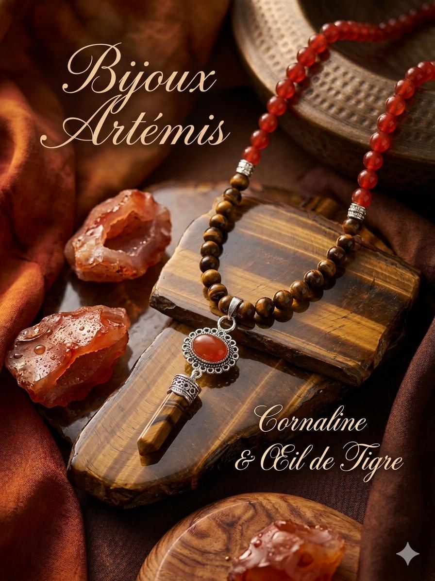Bijoux Artemis Collier pièce unique Cornaline & Oeil de Tigre