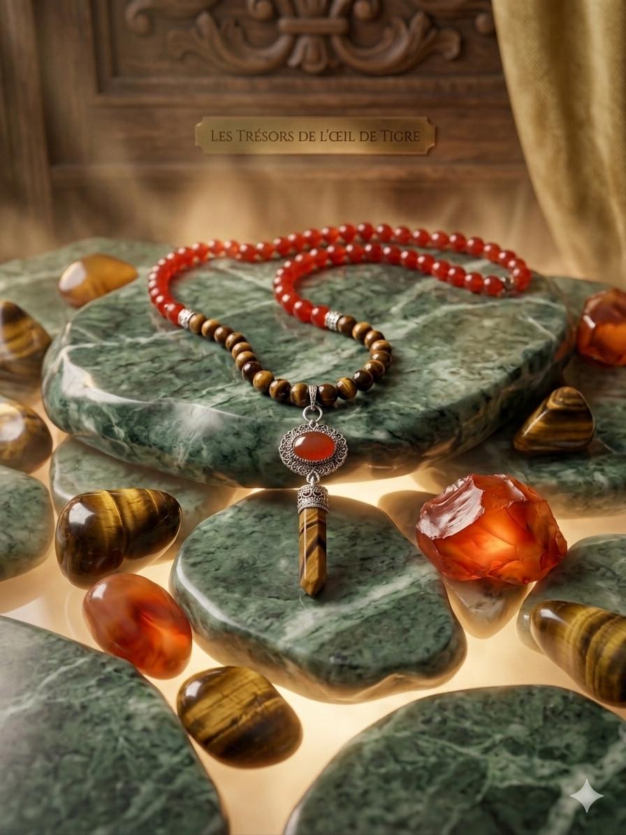 Bijoux Artemis Collier pièce unique Cornaline & Oeil de Tigre