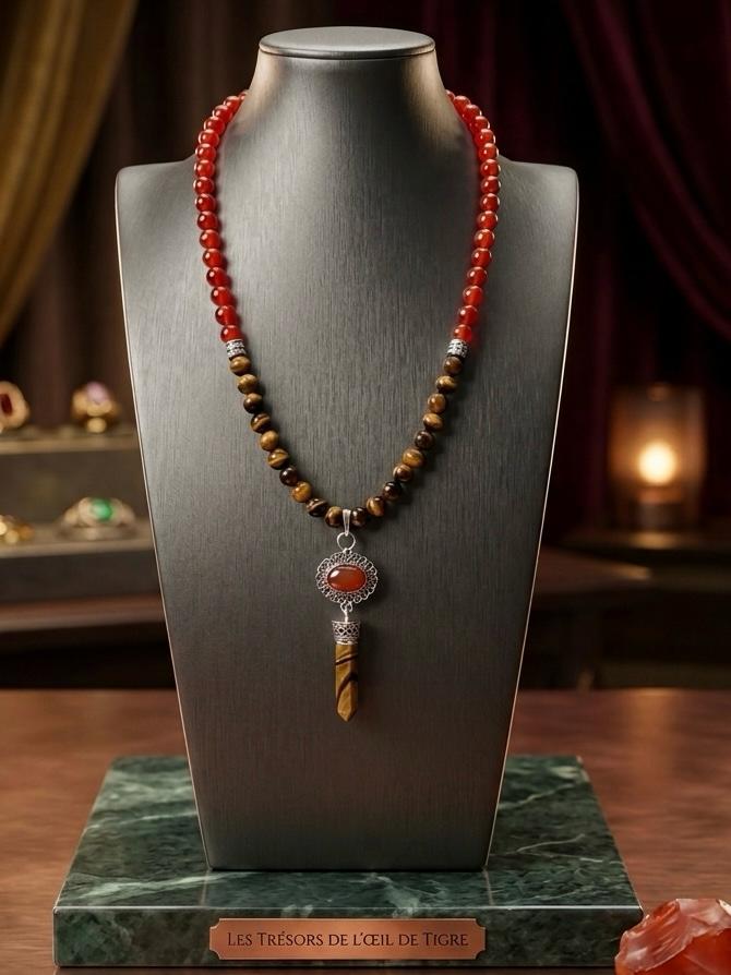 Bijoux Artemis Collier pièce unique Cornaline & Oeil de Tigre
