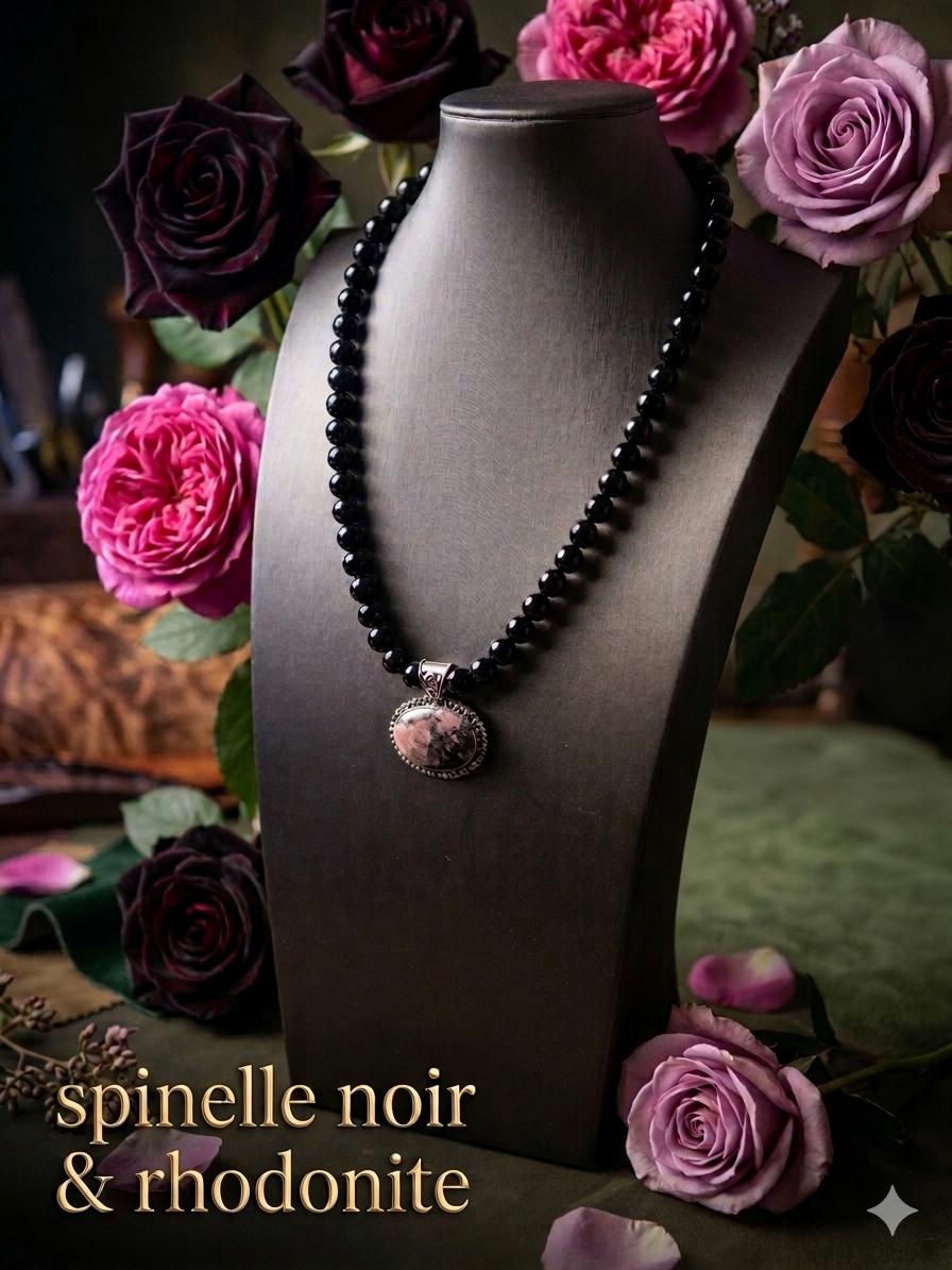 Bijous Artemis piéce unique Spinelle noir & Rhodonite