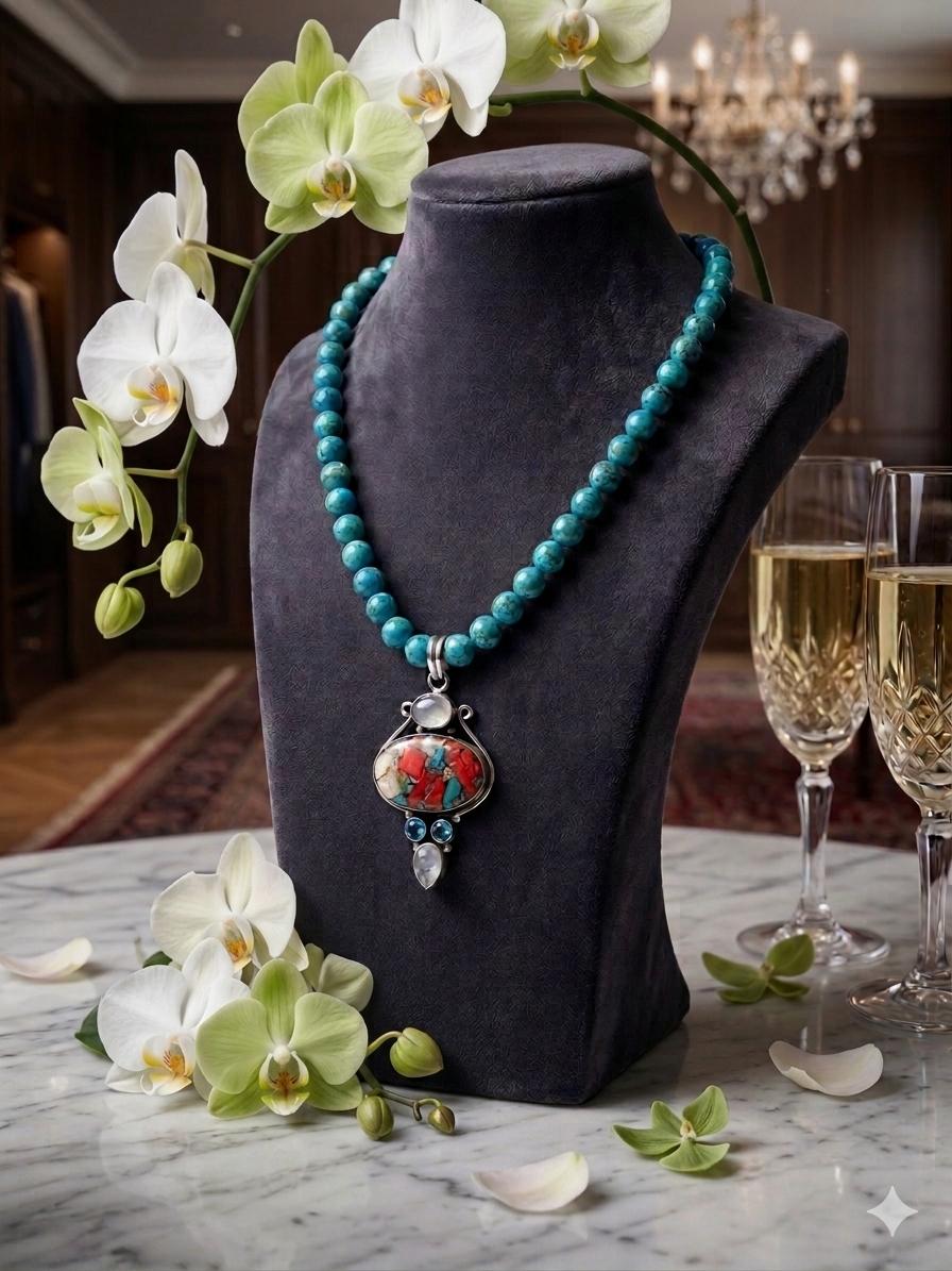 Bijoux Artemis collier pièce unique Turquoise sud-Africaine pendentif Turquoise huitre, pierre de lune et quartz rose