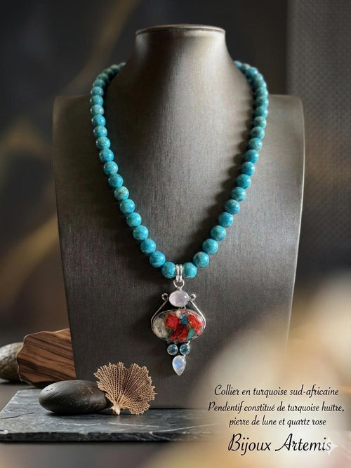 Bijoux Artemis collier pièce unique Turquoise sud-Africaine pendentif Turquoise huitre, pierre de lune et quartz rose